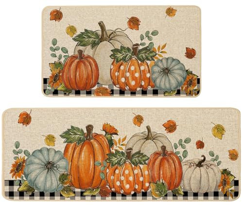 Baccessor Fall Kitchen Rugs Set of 2, Buffalo Plaid Pumpkin Kitchen Mats for Floor Washable Low-Profile Farmhouse Autumn Holiday Home Indoor Outdoor Decor 17x29 and 17x47 Inch | Amazon (US)