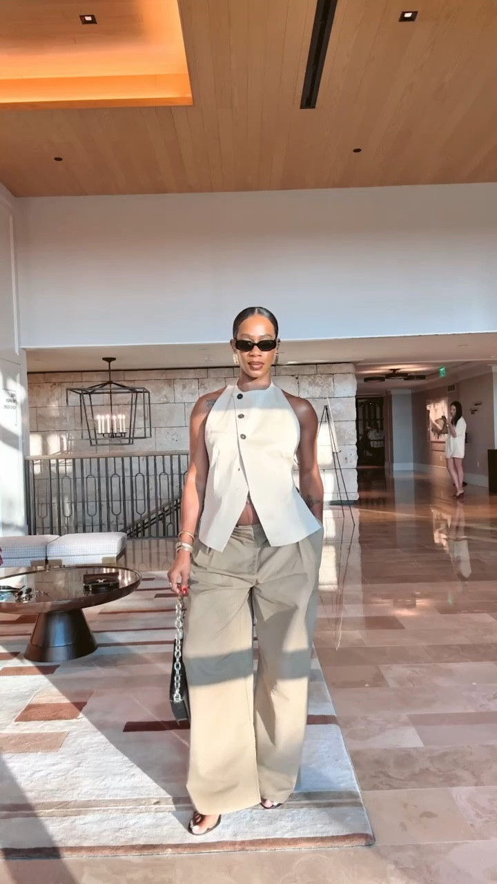Bump approved outfit: halter vest top, pants, oversized earrings - stylish pregnancy outfit 

#LTKBump #LTKStyleTip