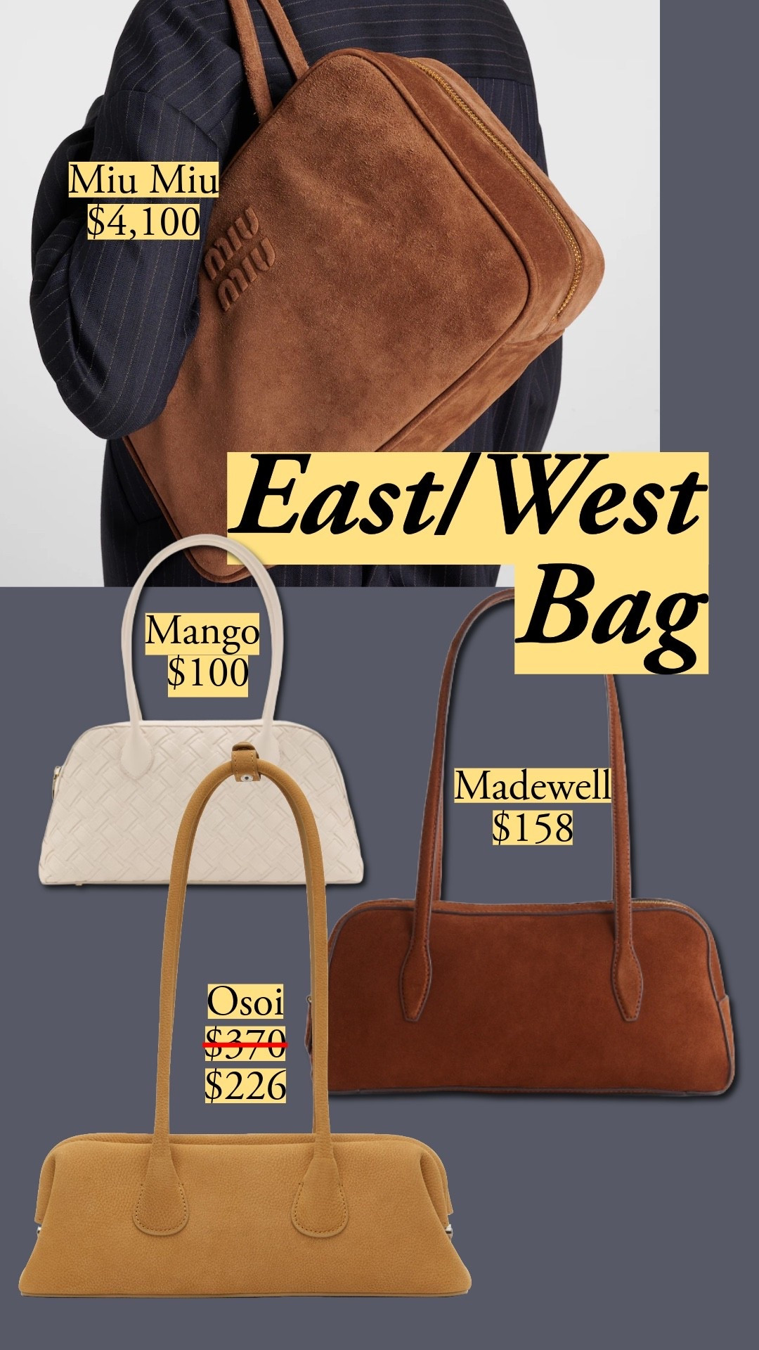 Love these east/west bags, and Madewell’s handle are more sophisticated than Miu Miu’s. Madewell has bases with dimensionality stitched on top of the bag. Miu Miu inserts the handles into the seam. Weird (and basic) for a rounded handle. 👜 Madewell | J.Crew | Mango | Korean brands 

#LTKStyleTip #LTKItBag #LTKSaleAlert