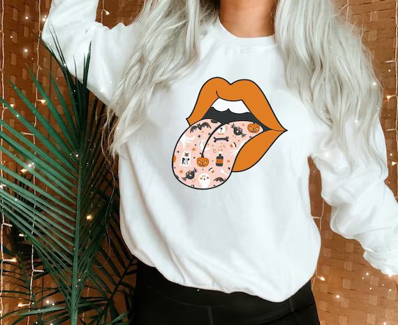 Halloween Sweatshirt, Halloween Tongue Lips Sweatshirt, Pumpkin Womens Halloween Long Sleeve Pull... | Etsy (US)