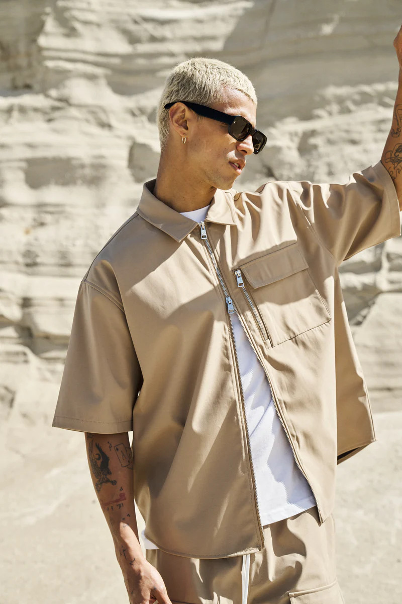 NYLON ZIP HEAVYWEIGHT OVERSHIRT - BEIGE | The Couture Club