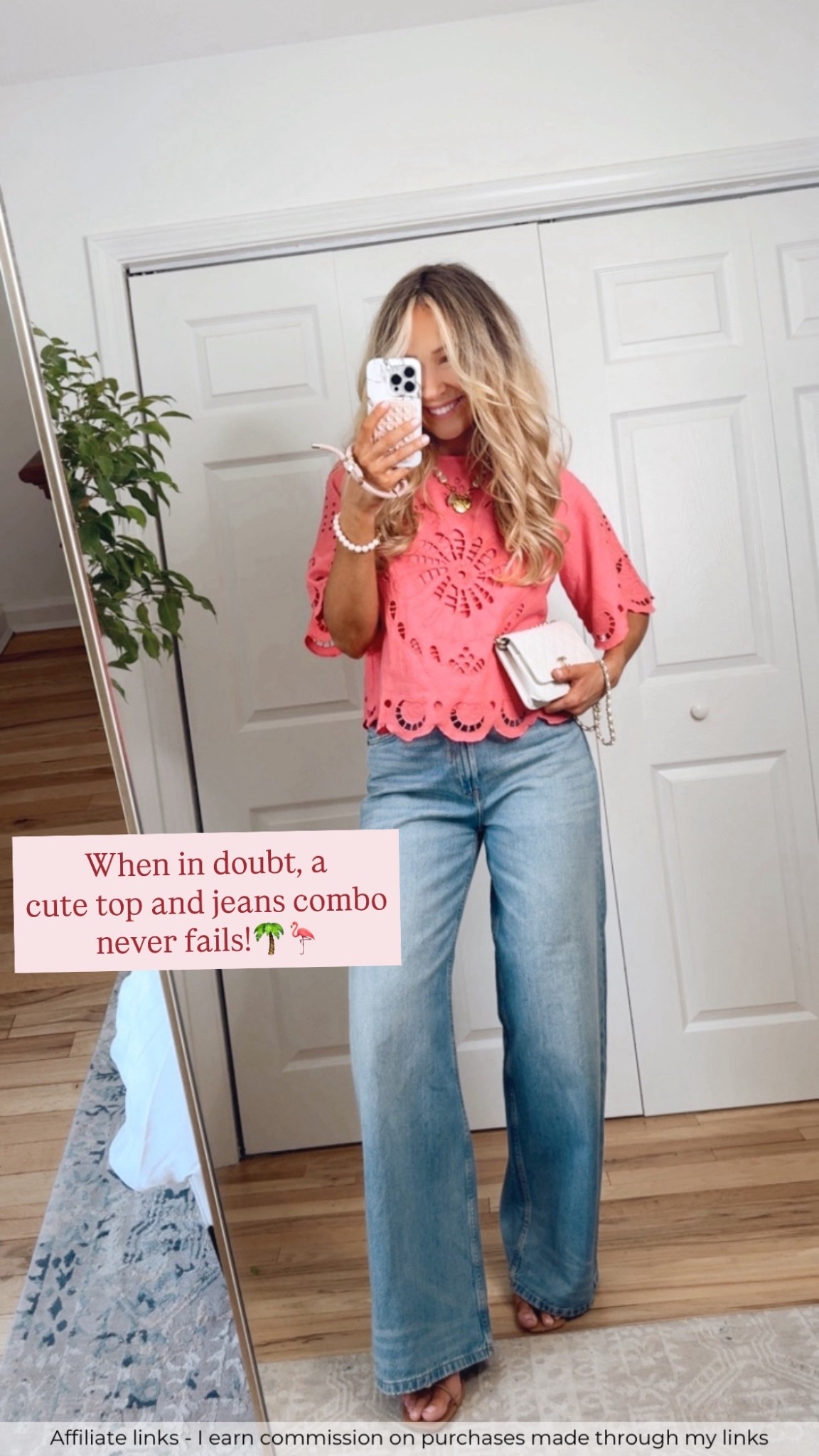 Affiliate links - I earn commission on purchases made through my links | cute top and jeans outfit spring 2026, Nordstrom spring top, pink top, Zara jeans wide leg, strappy sandals low heel 