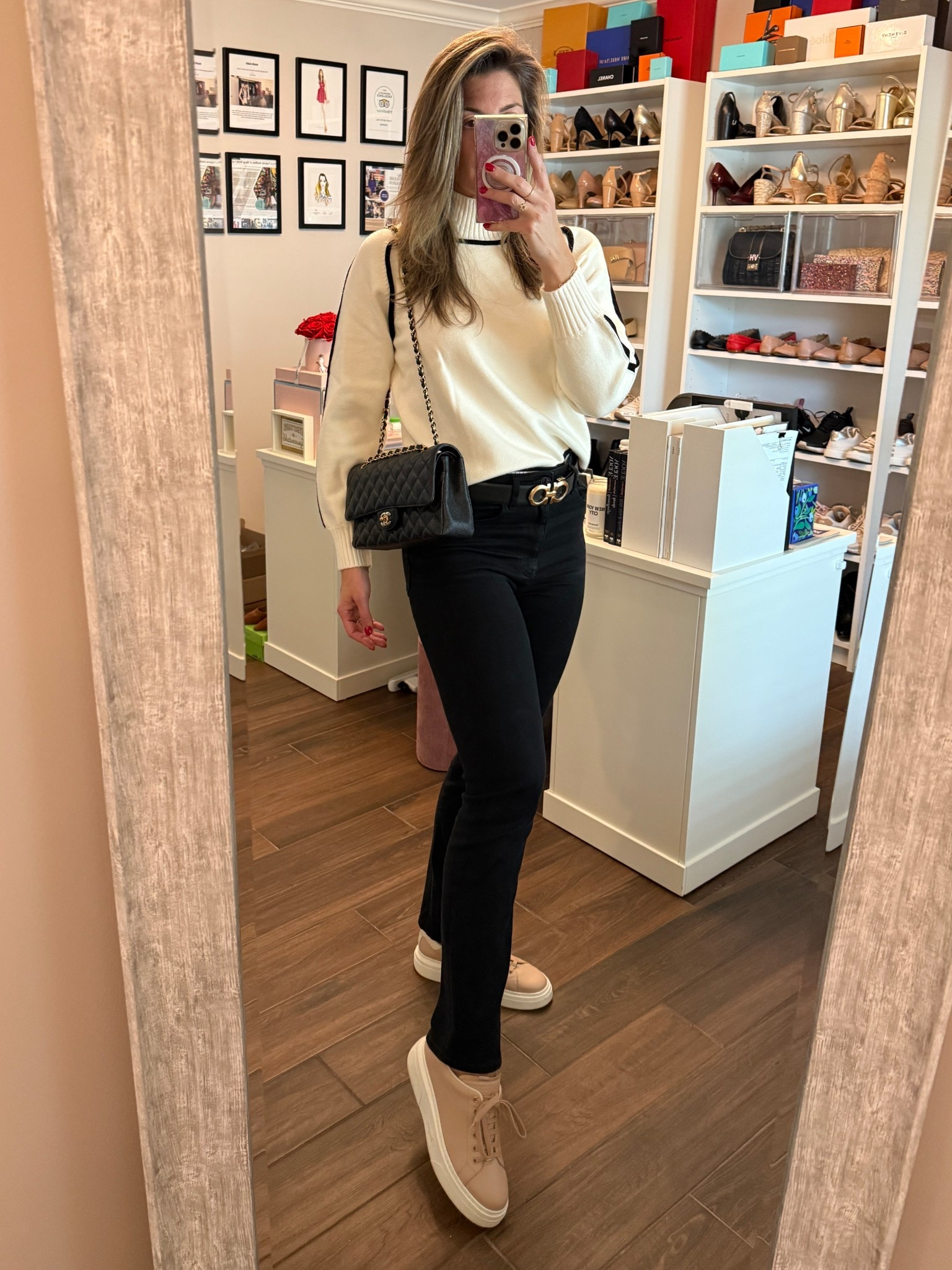 Keeping it neutral and sharp with this piping detailed sweater which is so cozy, slim leg jeans in jet black for a polished and sophisticated look, finished with a black reversible leather belt, black leather bag and tan color sneakers. 

Sweater run TTS. Wearing size S. 
Jeans run TTS. Wearing size 28. Tall girl friendly!

#LTKTall #LTKootd #LTKOver40