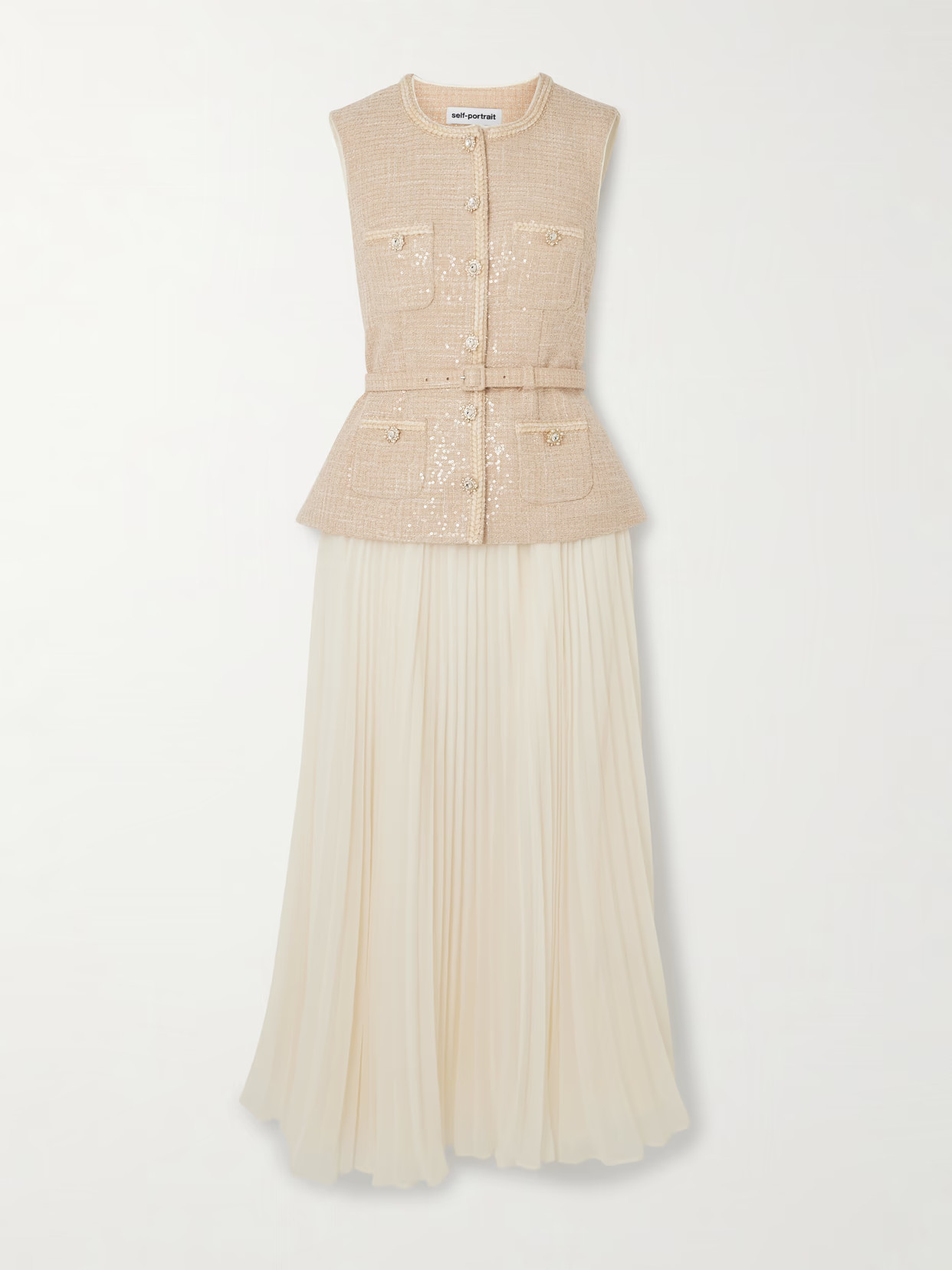 Self-Portrait - Belted Layered Crystal-embellished Sequined Bouclé And Pleated Chiffon Midi Dress - Cream | NET-A-PORTER (US)