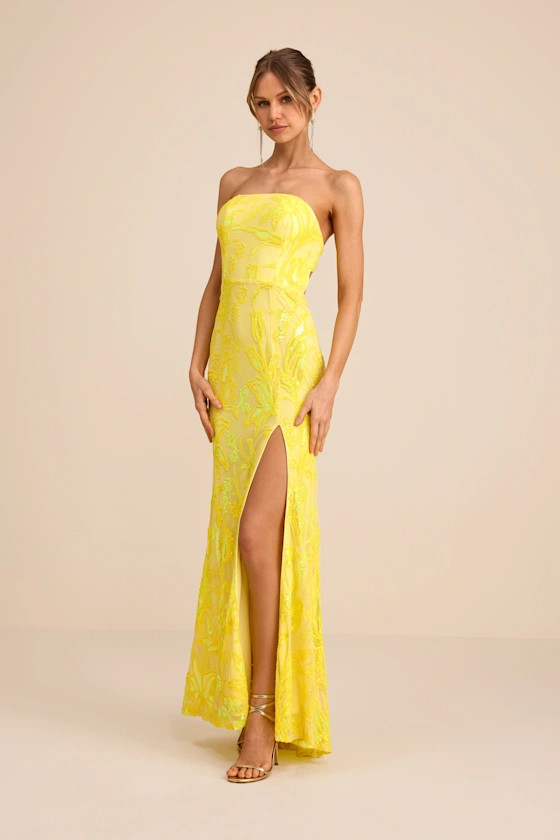 Shimmering Icon Yellow Sequin Lace-Up Strapless Maxi Dress | Lulus