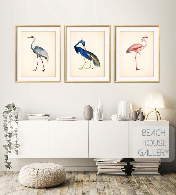 Crane Prints Chinoiserie Art Blue Heron Print Flamingo Wall - Etsy | Etsy (US)