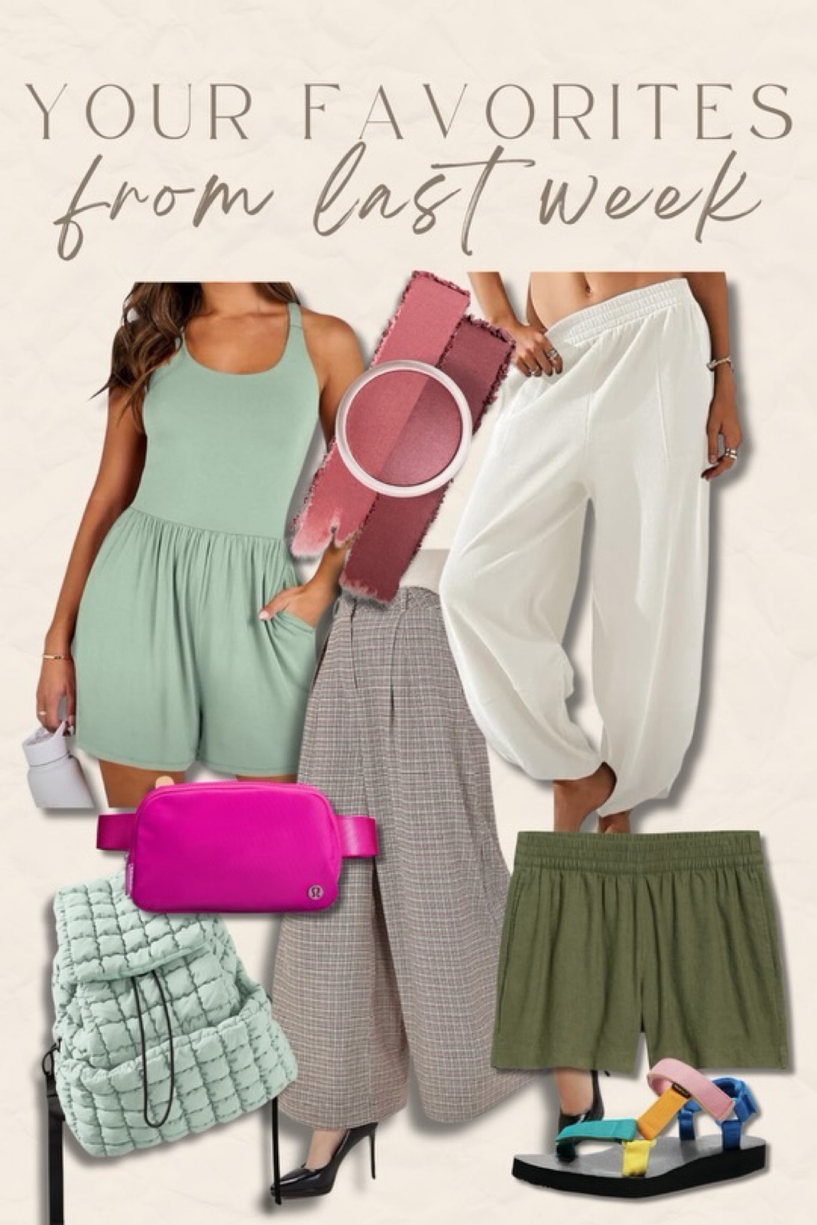 Amazon romper, size L // DIBS baked blush, shade Backstage // Amazon lounge pants, size XL, size up! // Amazon slacks, size large // Lululemon belt bag // Amazon backpack, Free People dupe // Old Navy shorts, size large // Amazon sandals, true to size 

#LTKBeauty #LTKWorkwear #LTKMidsize