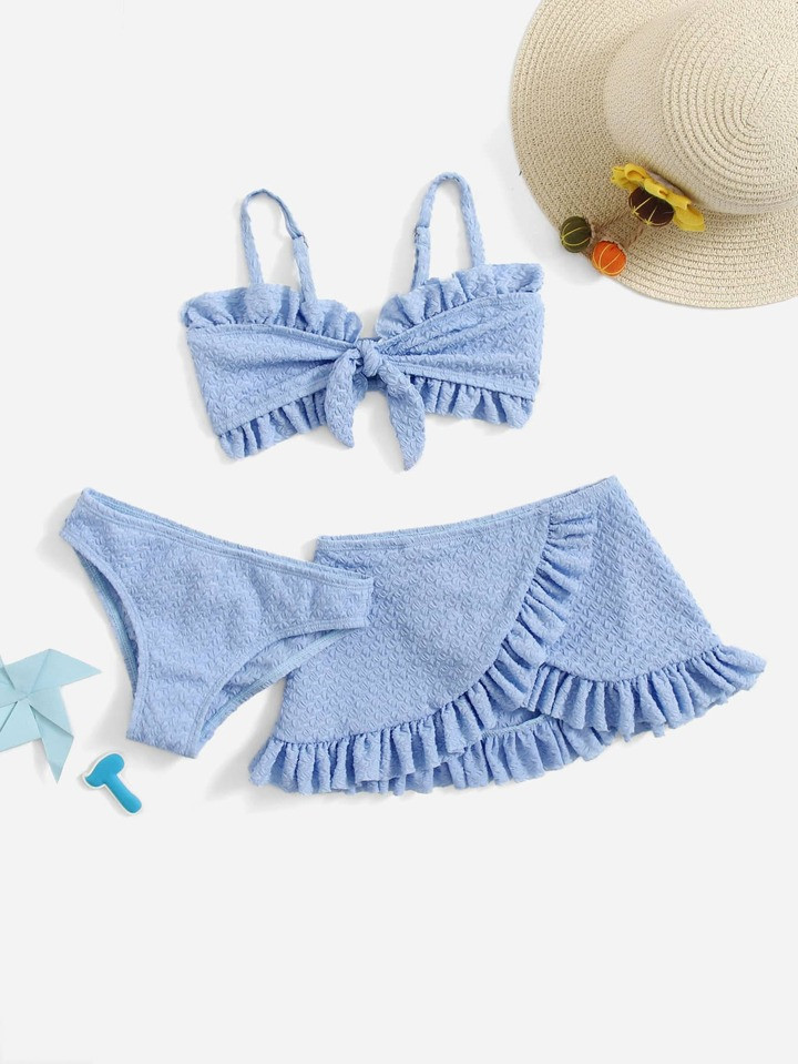 Young Girl Textured Frill Trim Bow Front Bikini Set Summer Beach | SHEIN