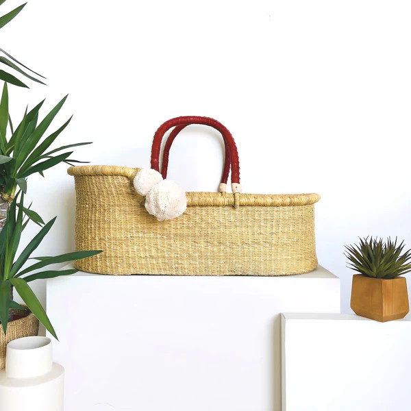 Natural African Moses Basket  Cognac + Cream Handle | Plum+Sparrow