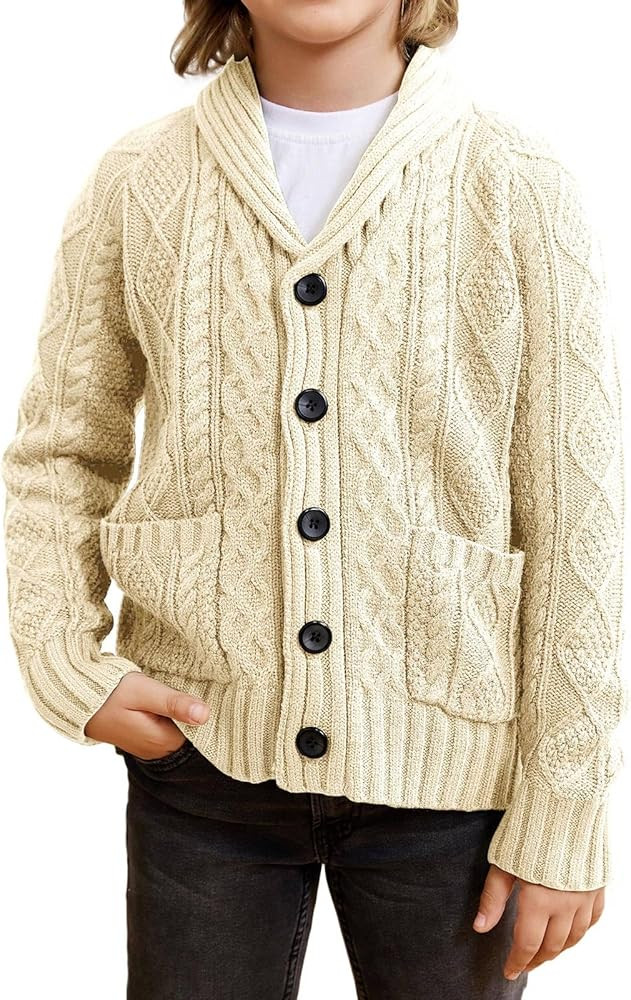 rrhss Boys Cable Knit Cardigan Sweater Kids Button Down Shawl Collar Outwear Sweater with Pockets... | Amazon (US)