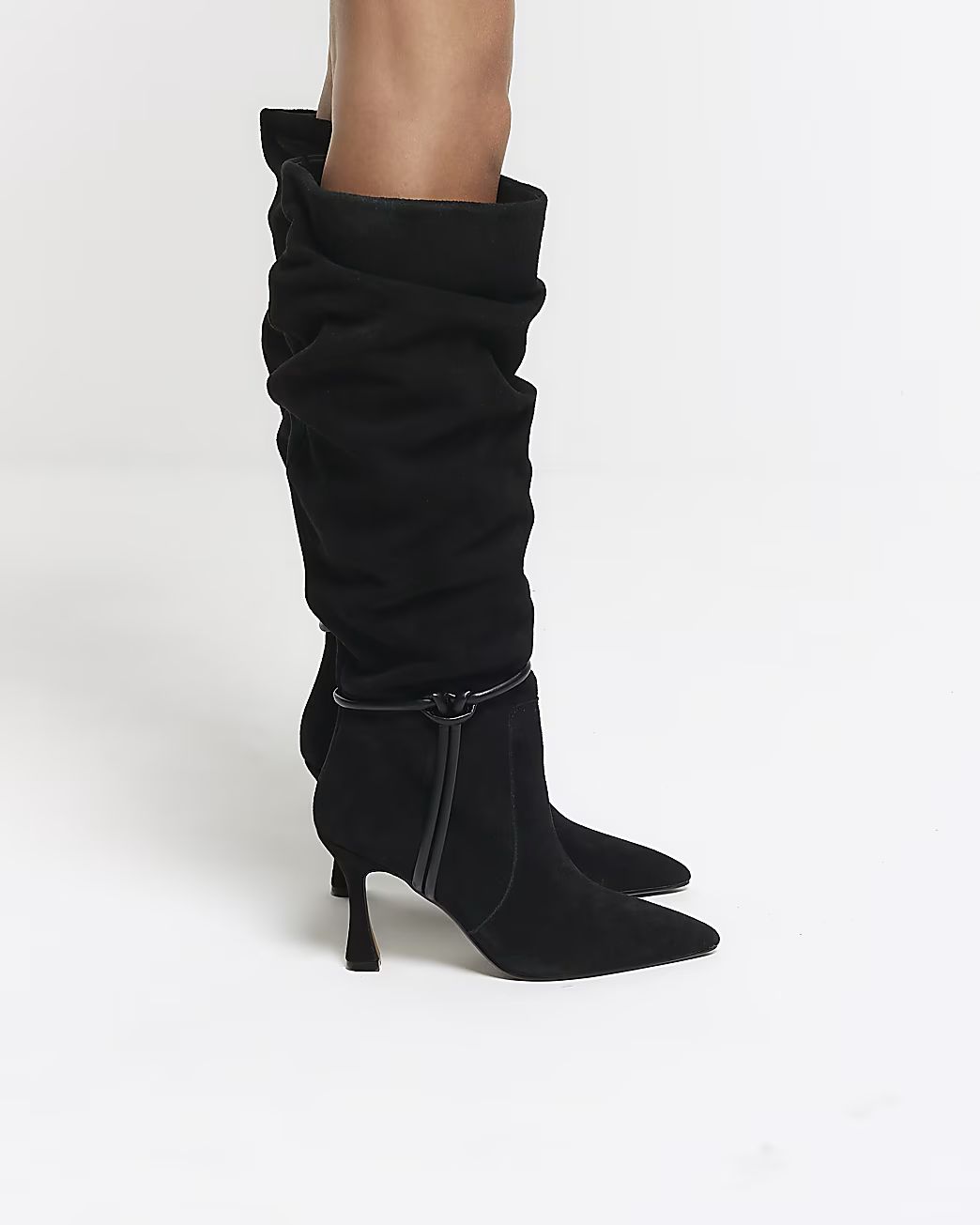 Black suede slouch heeled high leg boots | River Island (UK & IE)