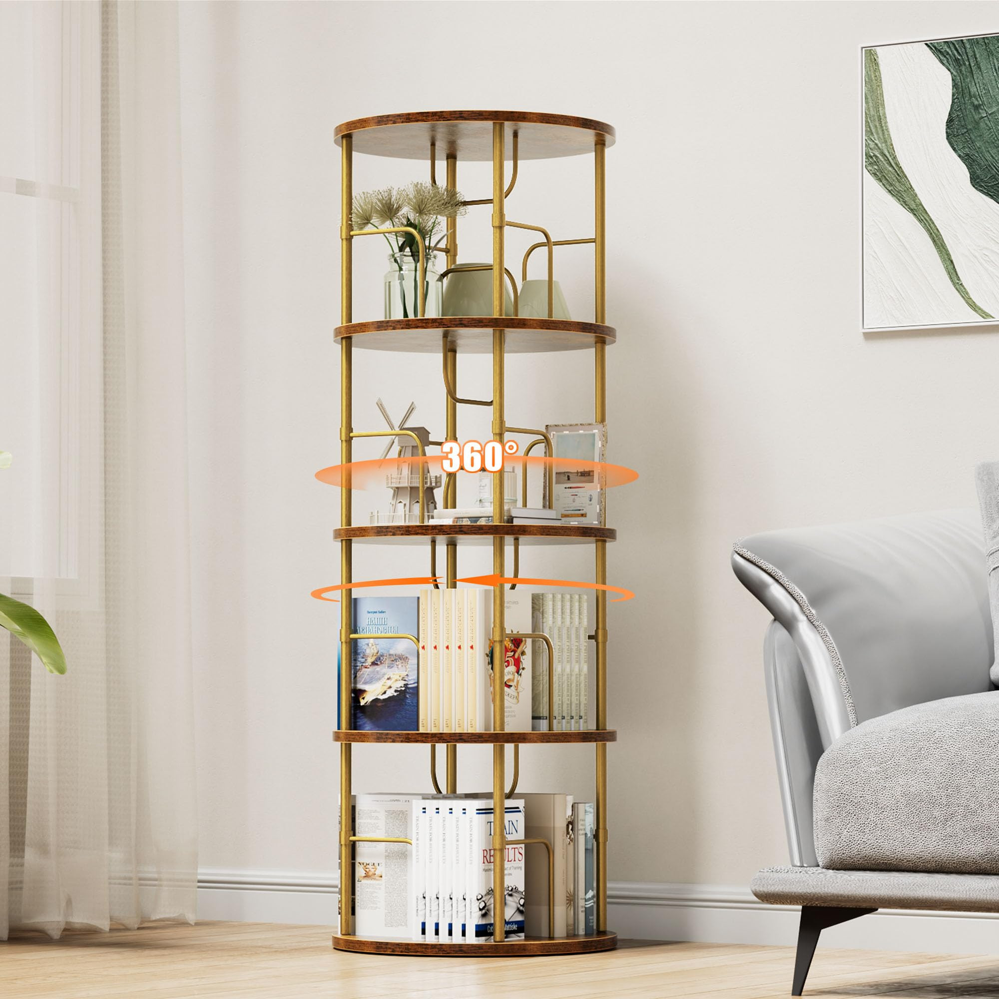 4 Tier Rotating Bookshelf, 360° Corner Bookshelf Tower, Round Revolving Bookcase with Special Vi... | Amazon (US)