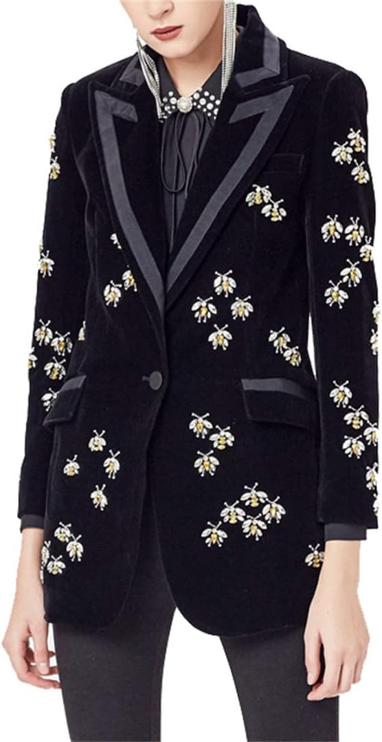 Women's High Street Luxury Black fleece Blazers Notched Animal Bee Beading Fit Blazer Coat | Amazon (US)