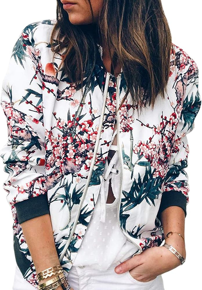 ECOWISH Women's Casual Floral Zip Up Bomber Jacket Coat Lightweight Short Camo No Lining Outwear ... | Amazon (US)