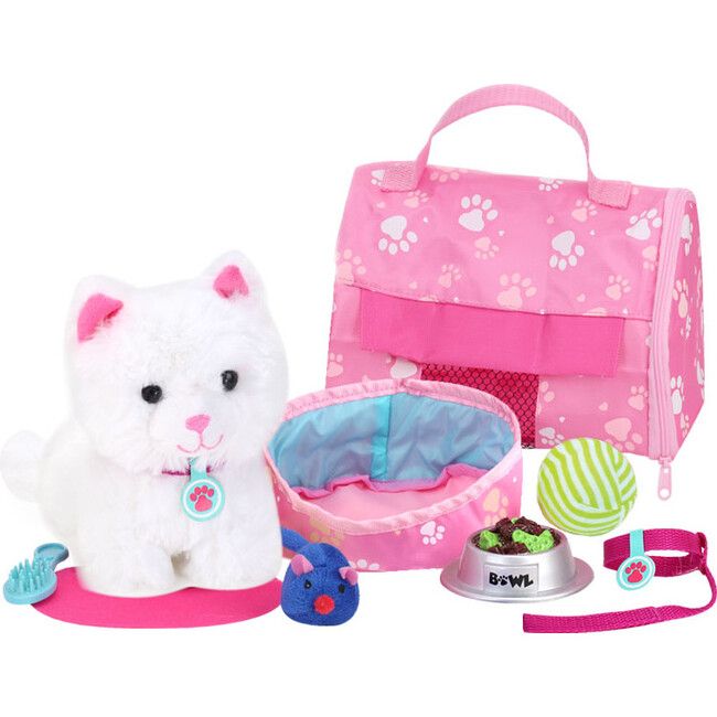 18'' Doll White Kitten & Carrier Set, Pink | Maisonette