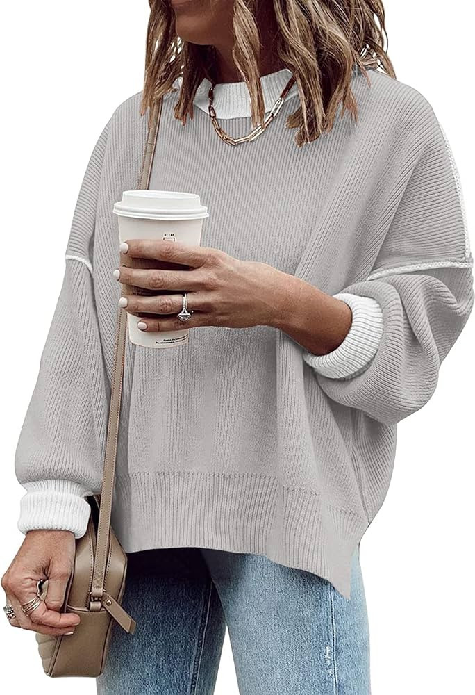 ETCYY Oversized Sweaters for Women Fall 2022 Trendy Crewneck Batwing Long Sleeve Knit Tops Side S... | Amazon (US)