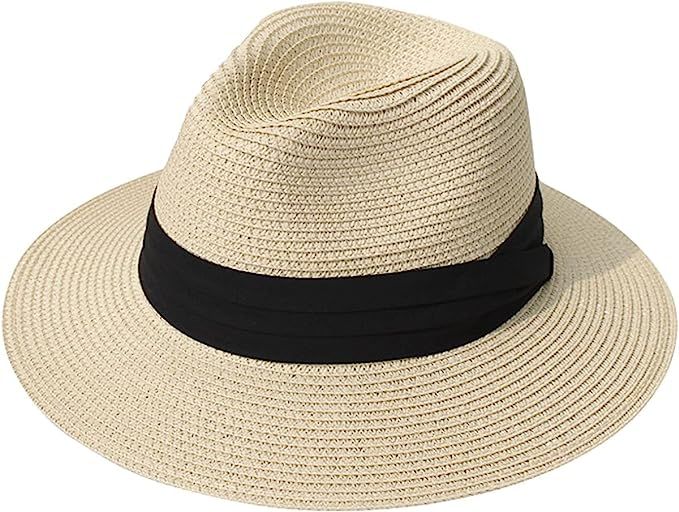 Women Wide Brim Straw Panama Roll up Hat Belt Buckle Fedora Beach Sun Hat UPF50+ Khaki | Amazon (US)