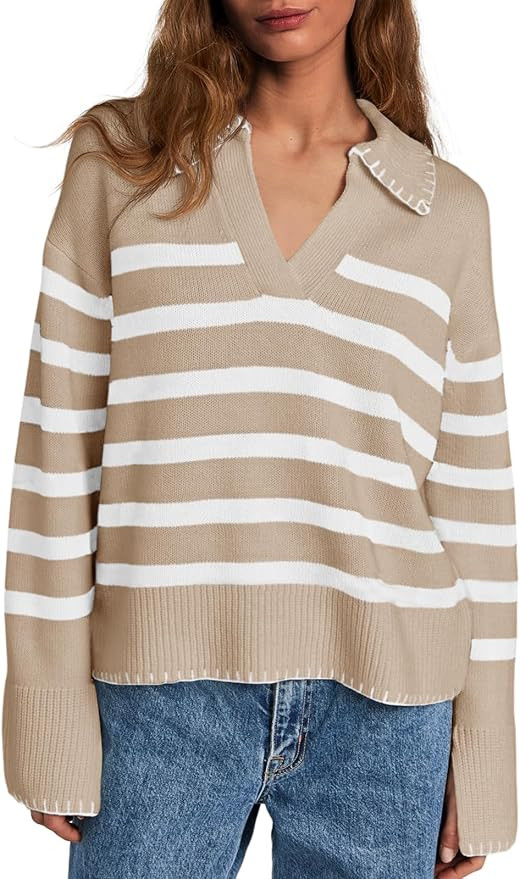 Saodimallsu Women's Striped Sweaters V Neck Collared 2024 Fall Trendy Knit Long Sleeve Loose Pull... | Amazon (US)