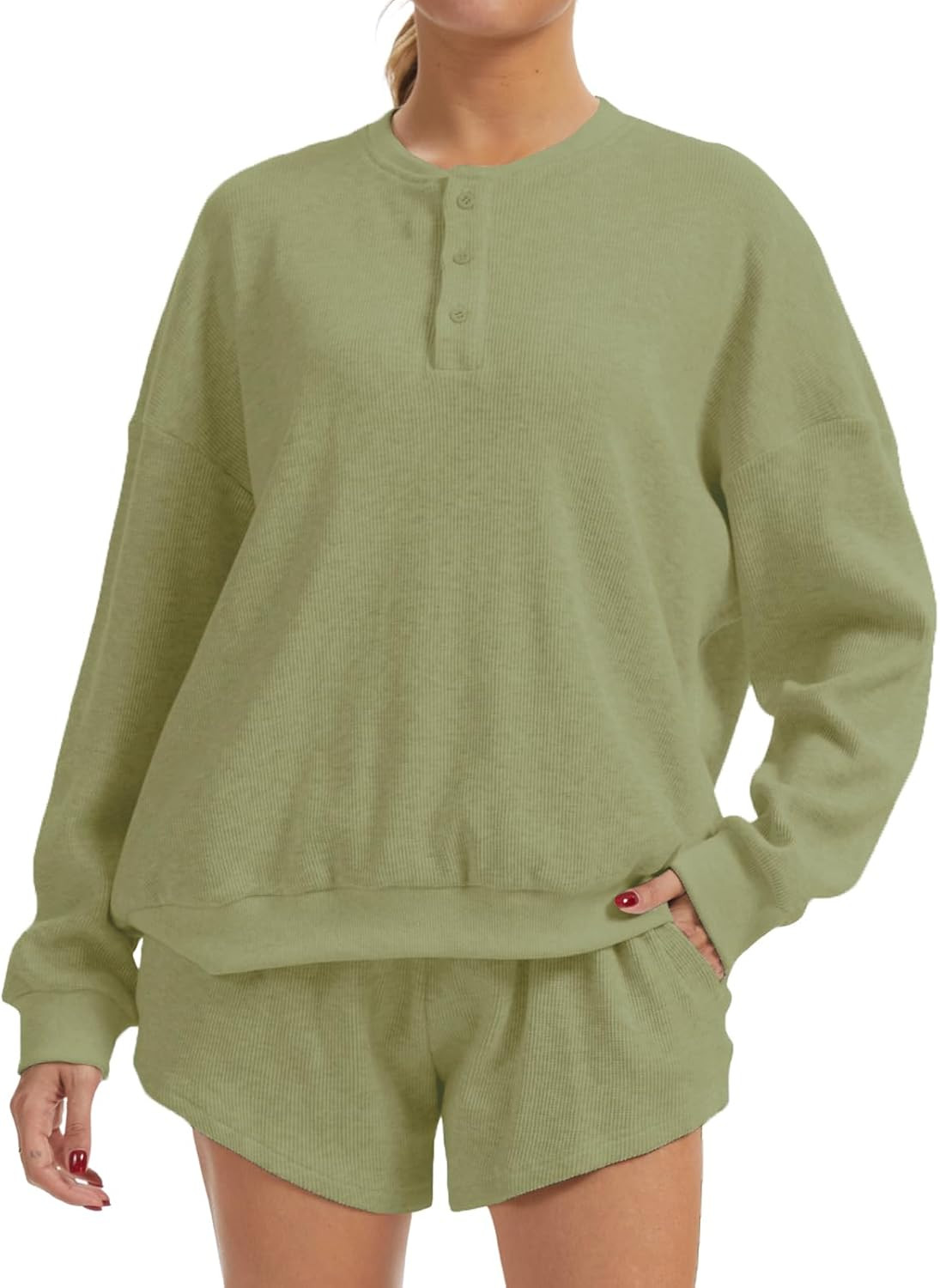 AnotherChill Women's Waffle Knit 2 Piece Lounge Short Sets Cozy Outfits | Amazon (US)
