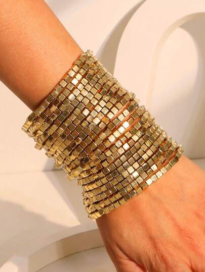 19pcs/Set Gold CCB Square Beaded Bracelet Set, Suitable For Women's Evening Party And Daily W... | SHEIN