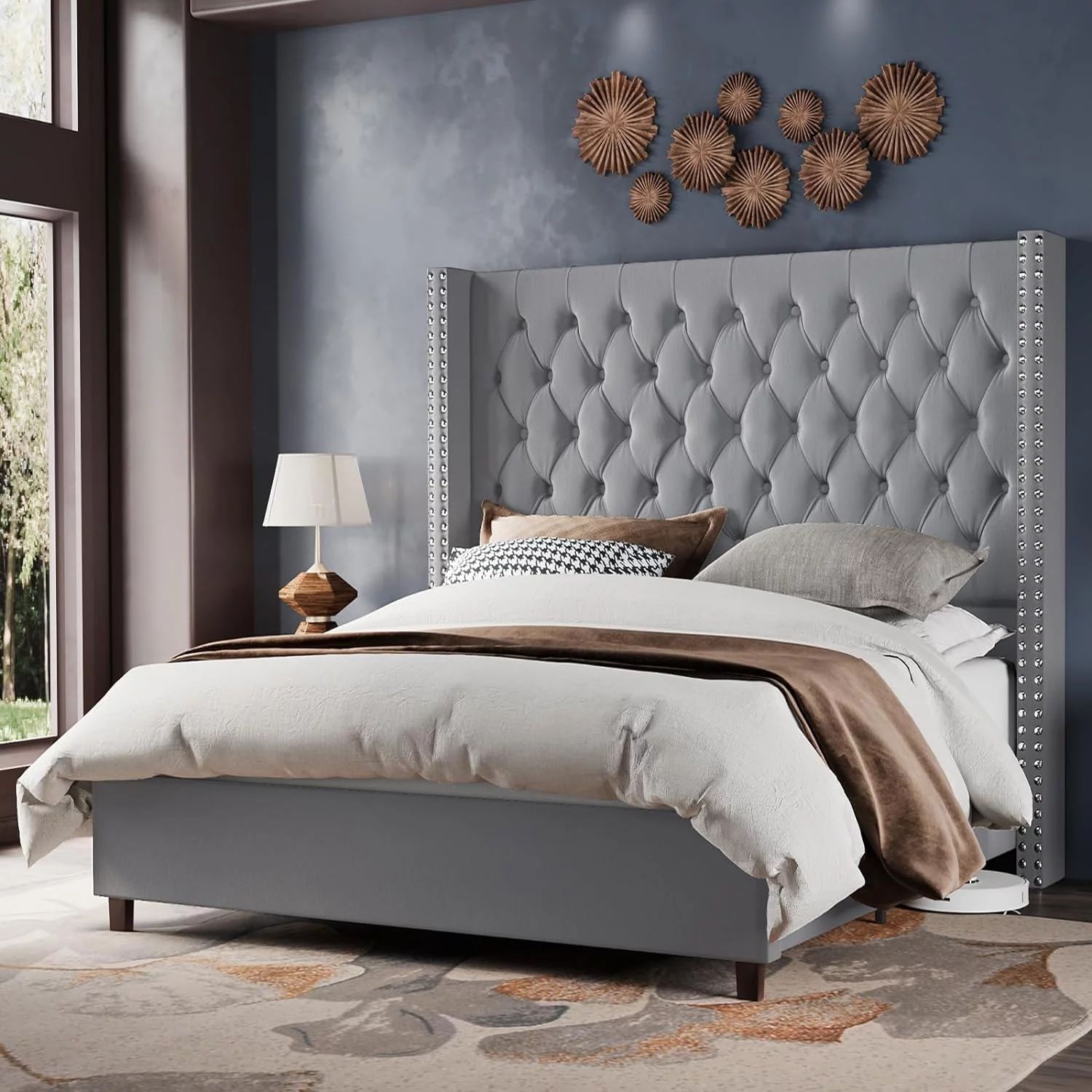 Jocisland Velvet Upholstered Bed Frame King Size 61.4" Tall Headborad King Bed Frame/Deep Button ... | Walmart (US)