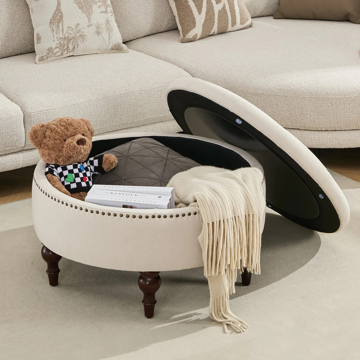 Ellersick Versatile Round Water-Resistant Linen Upholstered Storage Ottoman | Wayfair North America