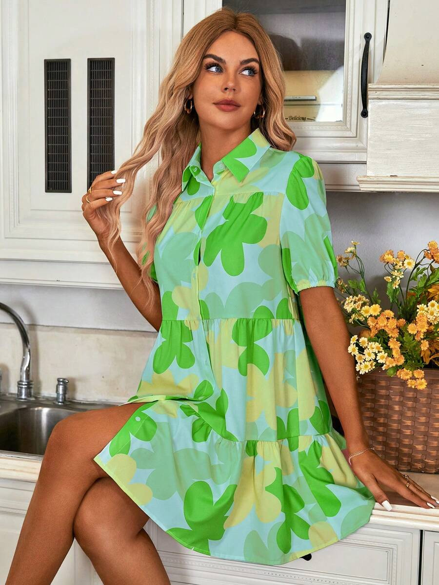 SHEIN LUNE Floral Print Ruffle Hem Smock Dress | SHEIN