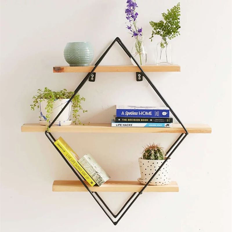 Metal & Wood Round/Rhombus Design Grid Wall Shelf Industrial Vintage Hanging Rack Bookcase Storag... | Walmart (US)