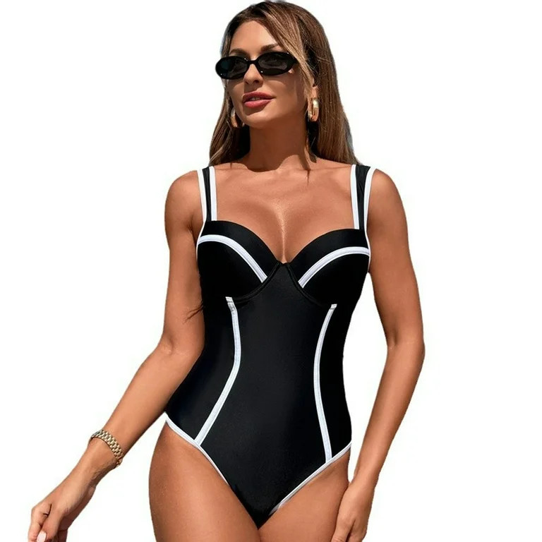 LYMAYTER Women's One Piece Bathing Suit High Waist Bikini Black White Stripes Bathing Suit Slim B... | Walmart (US)