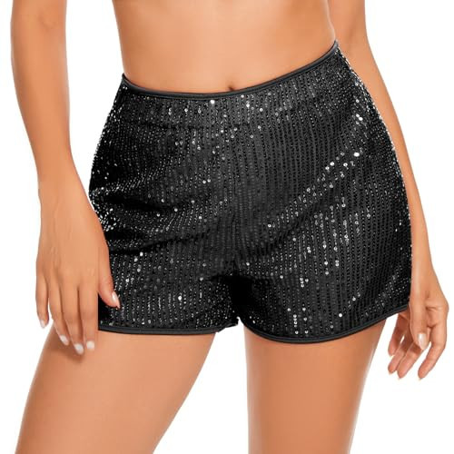 Perayaan Womens Sequin Shorts Elastic High Waisted Sparkly Straight Legs Shorts Glitter Sparkle Party Shorts,Black,Large | Amazon (US)