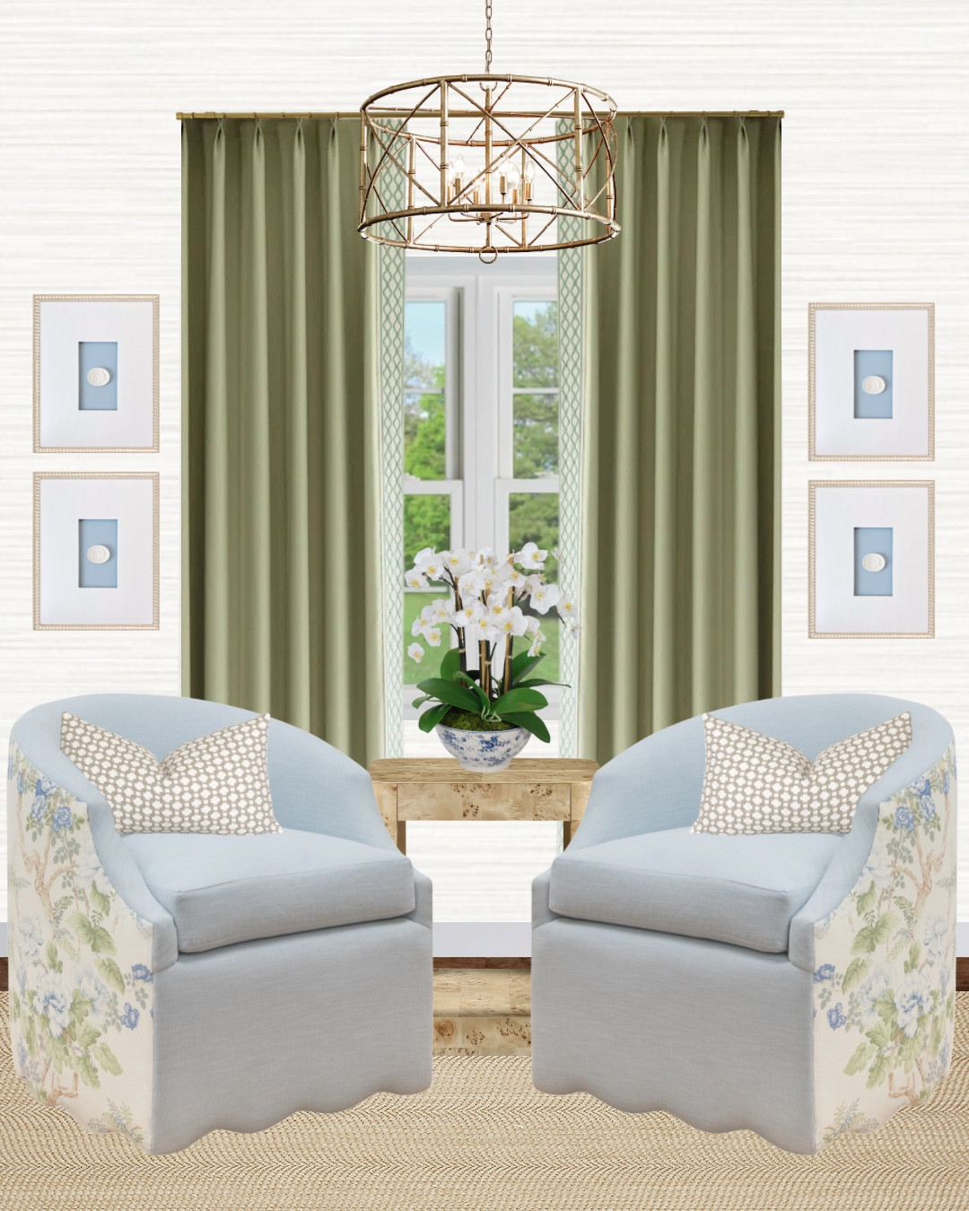 2 gorgeous living room sitting areas 😍 Which design is your favorite? 

Green curtains with trim, green drapery with trim, neutral wallpaper, custom intaglio, Etsy intaglio, blue accent chair, living room accent chair, custom accent chair, bedroom accent chair, burl wood side table, burl wood accent table, accent table, potted faux orchid, chinoiserie faux orchid, neutral pillow, living room pillow, neutral rug, sisal rug, living room rug, dining room rug, jute rug, gold chandelier, bamboo chandelier, living room design, living room decor, living room inspo, living room inspiration, sitting room design, sitting room decor, sitting room inspo, sitting room inspiration,  southern living room, traditional southern living room, classic contemporary home decor, southern home decor, southern traditional home decor, living room decor, living room inspiration, living room inspo, timeless decor, timeless home decor, classic home decor, traditional home decor, elegant home decor, timeless living room, Grandmillennial living room, Grandmillennial home decor, classic home, traditional home, timeless home, custom accent chair, custom living room furniture, social society chair, blue and green chair, floral chair 

#LTKHome #LTKStyleTip #LTKSaleAlert
