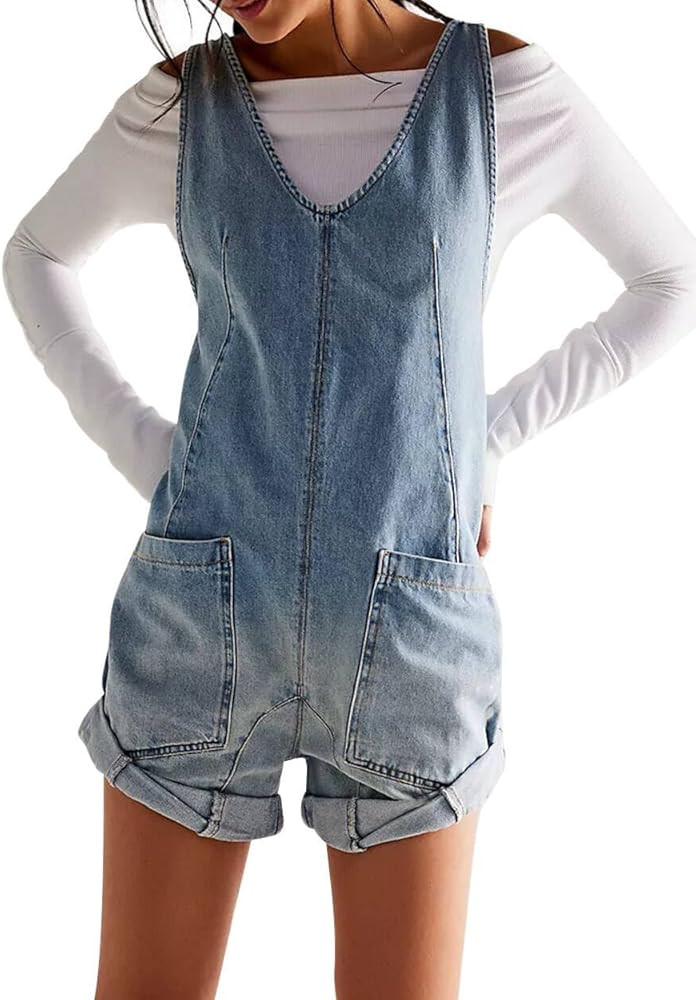 LifeShe Women's Denim Overall Shortall Casual Sleeveless V Neck Jean Overalls Shorts Romper with ... | Amazon (US)