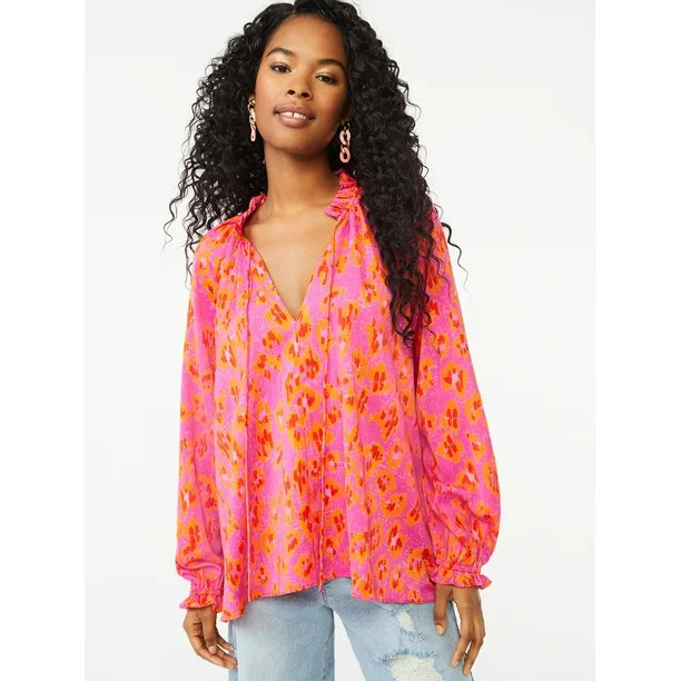 Scoop Women’s Woven Split Neck Top with Tie Neck | Walmart (US)