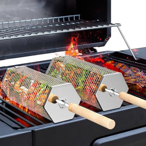 ivtivfu Rolling Grill Basket, Removable Wooden Handle, 304 Stainless Steel, Nesting Grilling Tools, Smoker BBQ Accessories for Vegetable, Outdoor Cooking Camping, Birthday Gifts for Men Dad Husband | Amazon (US)