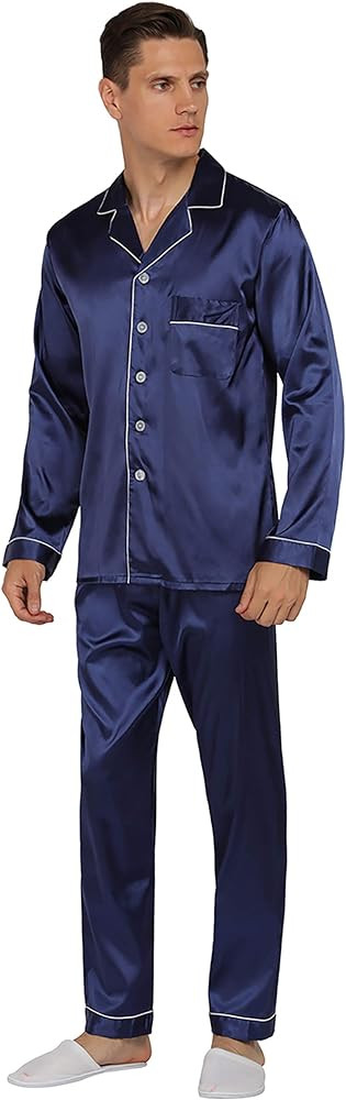 YIMANIE Mens Satin Pajamas Set Classic Short Sleeved and Long Pants Sleepwear Loungewear | Amazon (US)