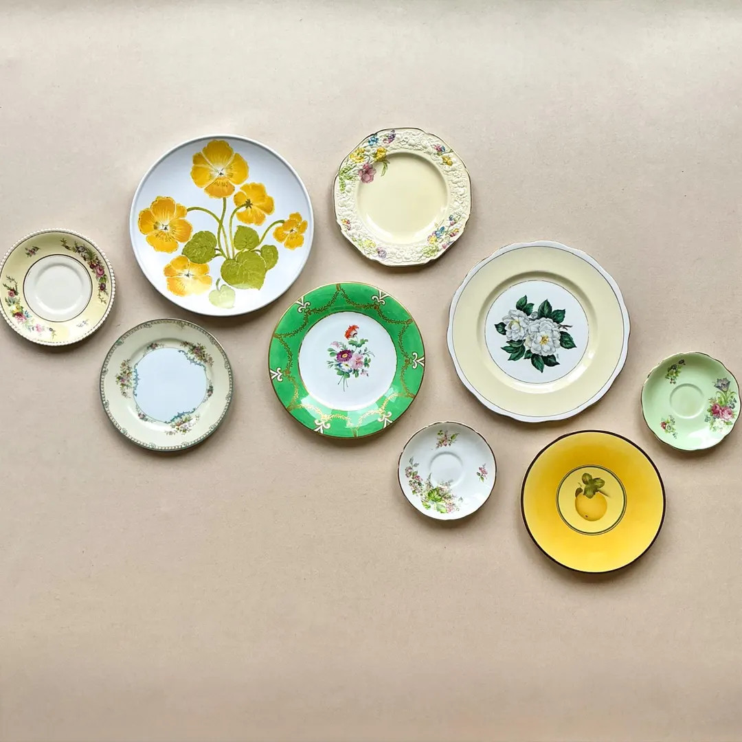 Gallery Wall Antique and Vintage Mismatched Plates. Spring / Blossom / Flower Plates. Green and Y... | Etsy (US)