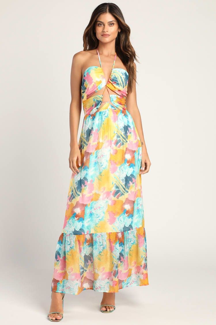 Stunning One Multi Abstract Print Drawstring Halter Midi Dress - Vacation Outfits | Lulus (US)