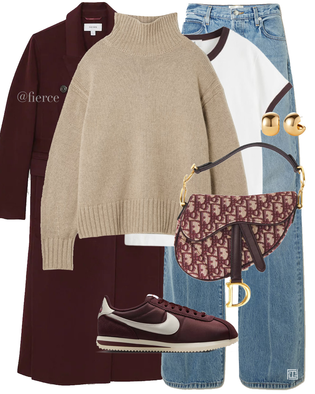 burgundy wool coat blue loose jeans beige jumper white burgundy ring t-shirt burgundy Dior oblique bag casual weekend outfit shopping lunch coffee break 

 #LTKuk #LTKwinter #LTKeurope