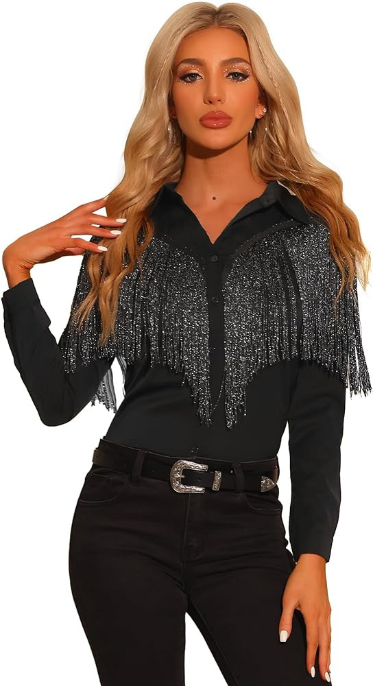 Allegra K Women's Western Fringe Blouse Long Sleeve Button Down Disco Cowgirl Shirts, Amazon Fashion | Amazon (US)