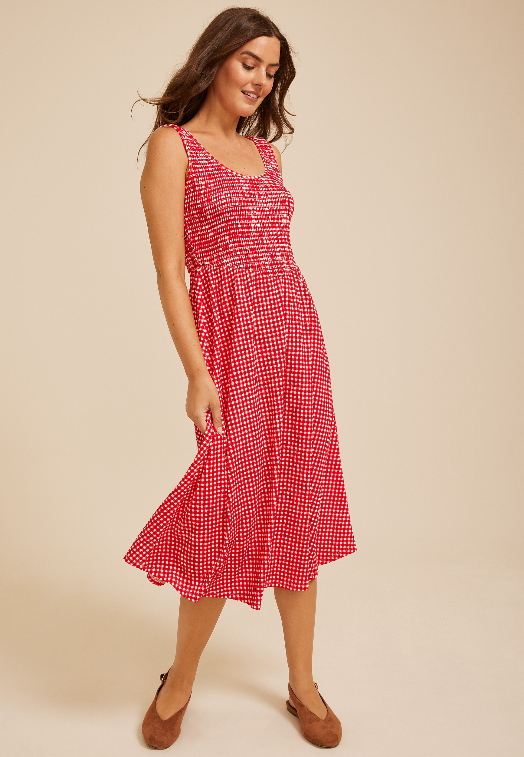 Basque Waist Smocked Gingham Midi Dress | maurices | Maurices