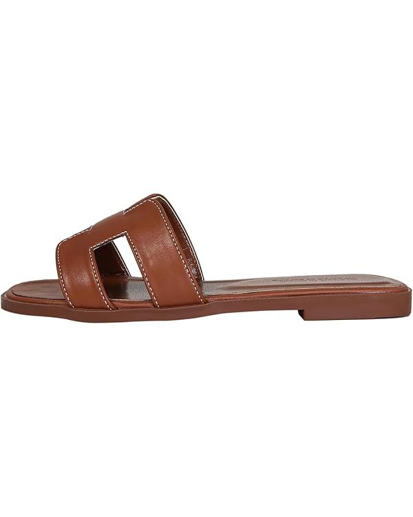 Womens Flat Sandals Summer Leather Slide Sandals Comfortable Mules For Women | Amazon (US)