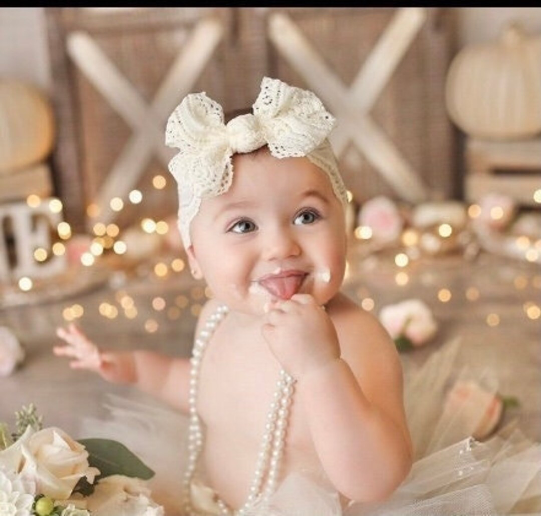 Ivory or White Lace Head wrap } Cream or White Headband, baby toddler girl turban hair bow | Etsy (US)