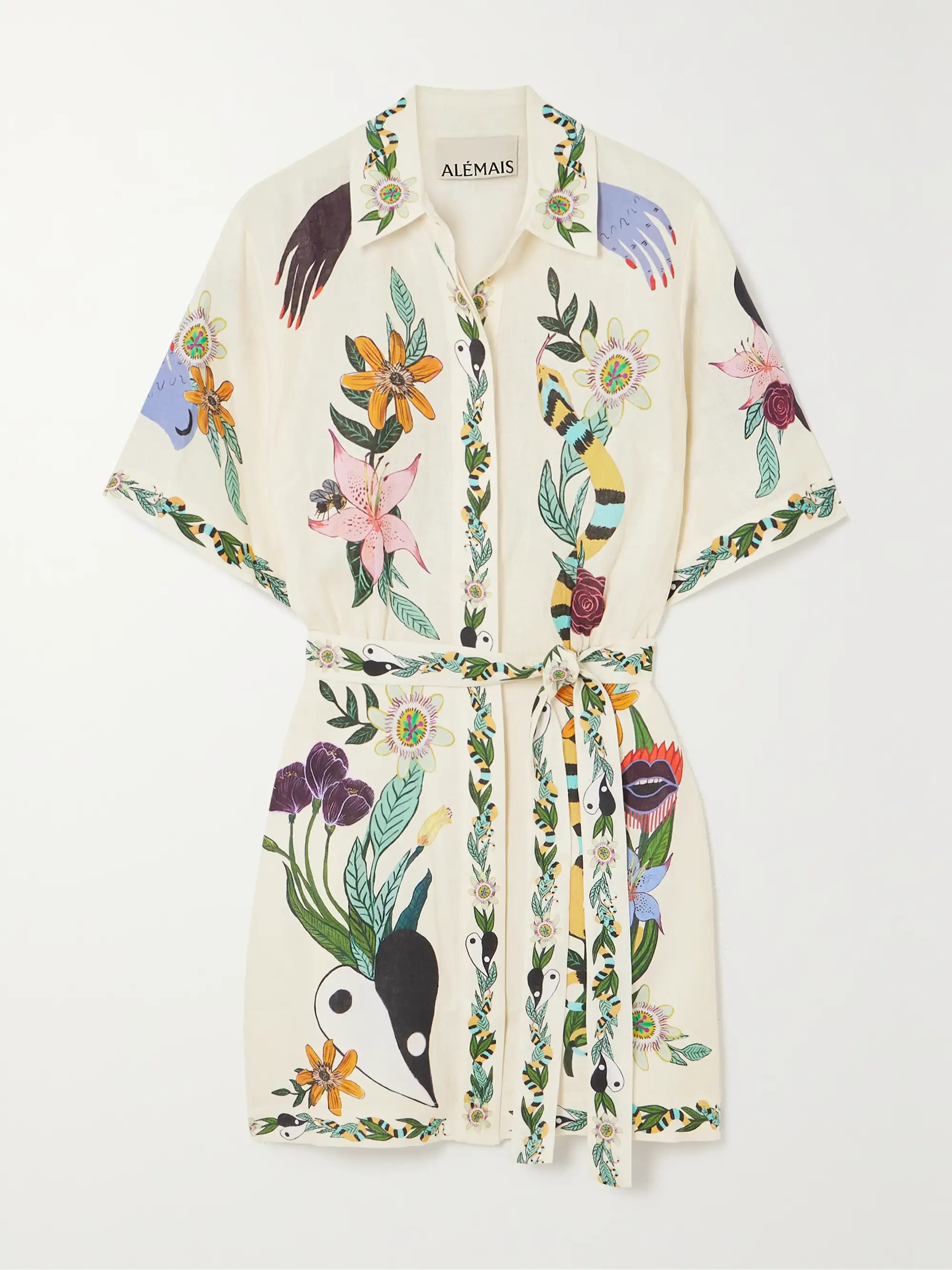 + NET SUSTAIN + Meagan Boyd belted printed linen mini shirt dress | NET-A-PORTER (UK & EU)