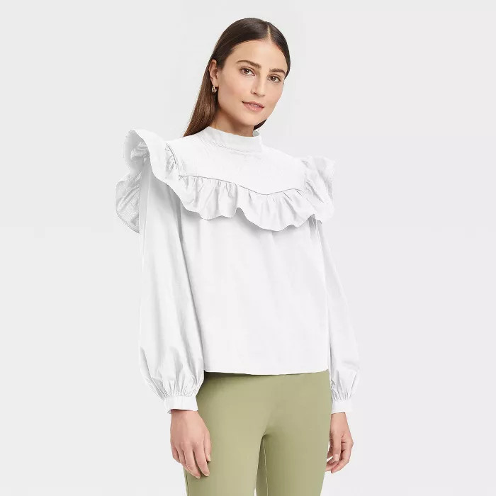 Women's Long Sleeve Ruffle Yoke Top - A New Day™ | Target