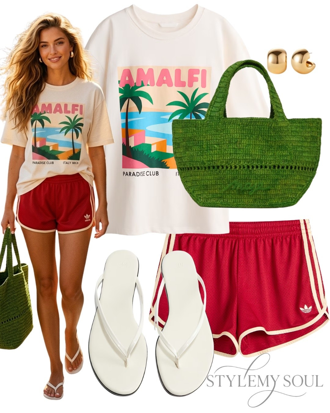 Adidas shorts, printed t shirt, green bag, woven bag, white thong sandals

#LTKTall #LTKTravel #LTKootd