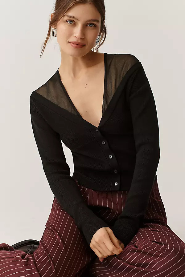 Sheer-Inset V-Neck Cardigan Sweater | Anthropologie (US)