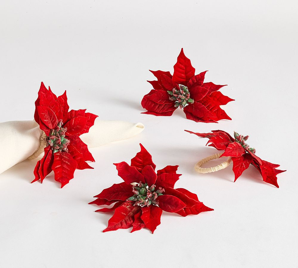 Velvet Poinsettia Napkin Rings - Set of 4 | Pottery Barn (US)