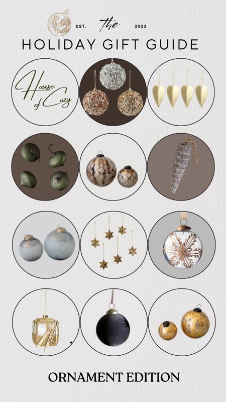 A round up of Ornaments!  Top Ornaments for the 2023 Holiday Season! 
Elegant Simplicity with a Statement Piece: Embrace the power of simplicity by selecting a few statement ornaments. Choose pieces that stand out for their unique design, texture, or size. Place these strategically on your tree or in your decor to create focal points. This approach draws attention and adds an air of sophistication and elegance to your holiday decorations. Think large, handcrafted ornaments, or those with intricate designs that speak of luxury and refinement.
Thematic Consistency for Cohesive Elegance: Develop a theme that resonates with your home’s existing aesthetic and carry it through your holiday decor. This could be a color scheme, a particular style (like vintage, modern, or rustic), or a specific material (like wood, glass, or metal). Use ornaments that align with this theme to create a cohesive and harmonious look. This method ensures that your holiday decorations complement your home’s overall style, adding to its elegance and charm without overwhelming it.

#LTKhome #LTKHoliday #LTKSeasonal