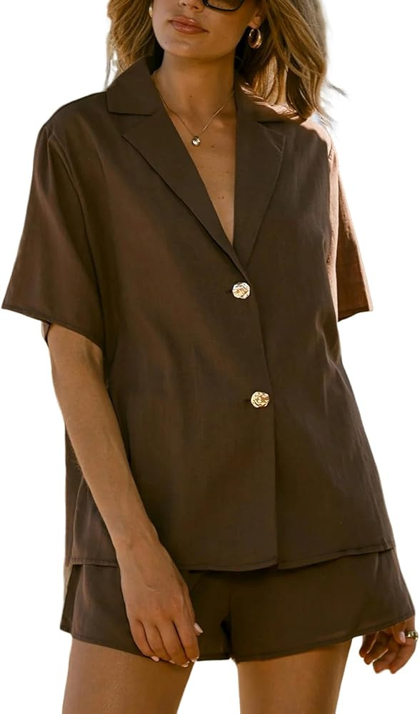 APAFES Womens 2 Piece Sets Button Down Shirt Short Sets Summer Two Piece Outfits Beach Vacation C... | Amazon (US)