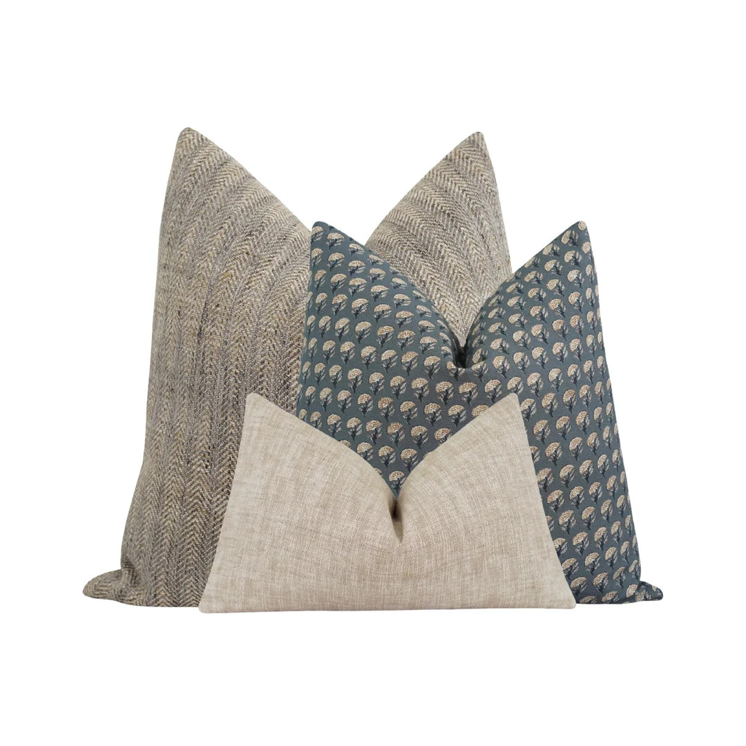 Neutral and Slate Blue 3 Pack Pillow Covers Combo Woven Herringbone, Printed Floral, and Solid Wo... | Etsy (US)